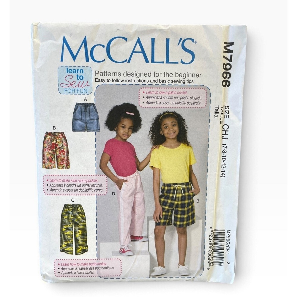 McCall's M7966 Childrens Shorts Pants CHJ 7-8-10-12-14 Learn to Sew Uncut FF